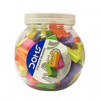 Doms Color Erasers Jar Pack | For Clean & Clear Erasing | Dust Free, Non-Toxic & Safe For Kids | Lesser Flakes & Non Messy | Vibrant Body Colors | Pack of 100 Erasers