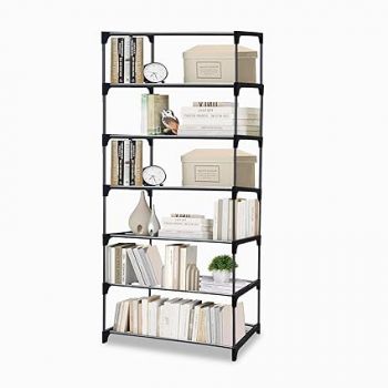 PHILOSHOP 7 Tier Metal Book Shelf Tall Narrow Storage Rack for Kids and Adults Modern Bookshelf Unit for Nursery, School, Home, and Office, Floor Mount Open, Black & Grey