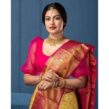 Yellow Sparow Fancy Lichi Silk Saree