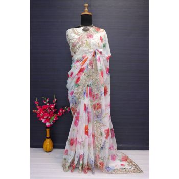 Beautiful White Print Georgette Saree