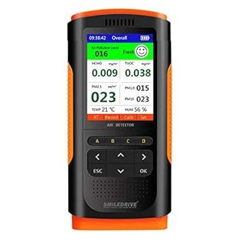 SMILEDRIVE® Portable Air Quality Pollution Detector Meter with Color Graphic Display-PM 1/2.5/10, TVOC, HCHO Checker Temperature Humidity AQI Teste