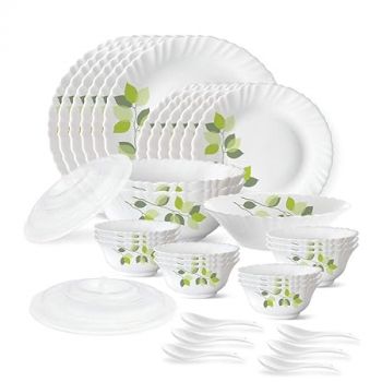 Larah by Borosil Green Leaves Silk Series Opalware Dinner Set | 35 Pieces for Family of 6 | Microwave & Dishwasher Safe | Bone-Ash Free | Crockery Set for Dining & Gifting | Plates & Bowls | White