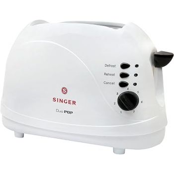 Singer Duo Pop 2 Slice Electric Toaster For Home | Smart Auto Pop Up | 700 Watts | Defrost and Reheat | 7 Brown Levels | Mid-Cycle Cancel Feature | Removable Crumb Tray | 2 Years Warranty | White