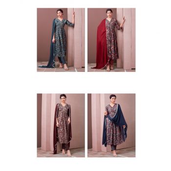 Fancy model Chanderi Kurti Bottom With Dupatta 4 Pcs