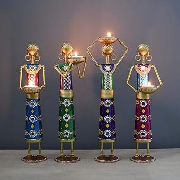 Lamcy Plaza Metal Rajasthani Kalbelia Tea Light Doll - 14 Inch (Set of 4) | Multicolour Antique Decorative Candle Holder for Home Decor, Living Room, Bedroom