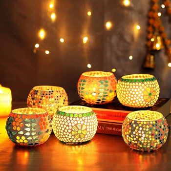 TIED RIBBONS Pack of 6 Mosaic Glass Votive Tealight Candle Holders for Dining Table - Decorations Items for Home Decor Living Room (Pack of 6, Glass) - Home Décor - Gifts Item