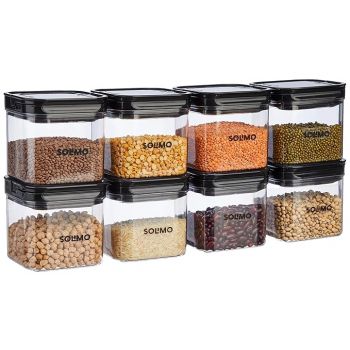 Amazon Brand - Solimo Airtight Plastic Storage Jar and Container Set-I | BPA Free | Multipurpose Storage | 750ml Each, Set of 8 (Black)
