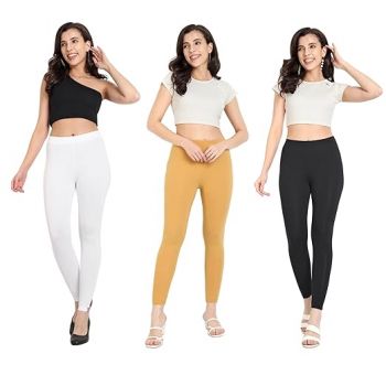 T2 Womens Ankle Length Leggings | Cotton Combo Leggings | Pack of 3 (White. Black, Gold)
