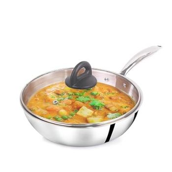 The Indus Valley Triply Stainless Steel Fry Pan with Glass Lid | Medium, 24cm/9.4 inch, 1.7Ltr, 1kg | Induction Friendly | Nonstick 3-Layer Body, 100% Pure & Toxin-Free