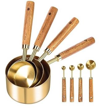 THW® Measuring Cups and Spoons Set of 8, Stainless Steel Measuring Cups and Spoons with Wood Handle, Golden Polished Finish, Baking Tools, Dry & Liquid Measuring Cup for Cooking and Baking