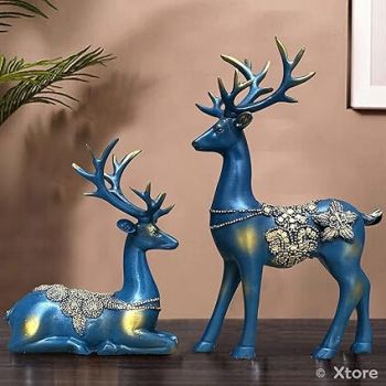 Xtore Creative Resin Golden Reindeer Sculptures | Beautiful Home Decor | Lifts up Energy of Your Room - (Pack of 2, Blue)