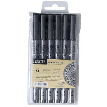 BRUSTRO Technical Fineliner Pen I Black I Set of 6 - Tip Sizes - 0.05mm, 0.1mm, 0.2mm, 0.3mm, 0.5mm, 0.8mm | Ideal For Mandala, Drawing,Artist Illustration,Sketching