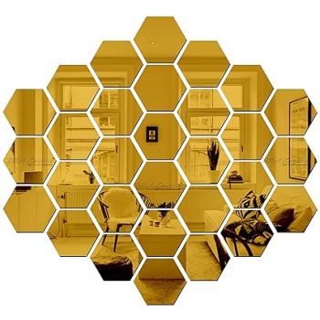 Bikri Kendra Glass Hexagon 30 Golden Mirror Stickers for Wall Decor - Acrylic Mirror, Acrylic Hexagonal Stickers for Hall, Bed Room Kitchen