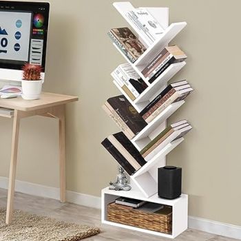 ABOUT SPACE Book Shelf for Home Library - 9-Tier Tree Shaped Book Rack for Study Room DIY Wooden Book Stand with Bottom Storage Space for Office, Livingroom, Bedroom (White - L 45 x B 17 x H 127 cm)