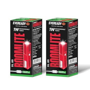 Eveready Boomlite Rechargeable Torch|DL85|4 Lighting Modes|1W Torch & 2W Emergency Side Light|ECT Technology with Micro USB Charging Cable|Red, Yellow, Blue & Black, LED, 120 Lumen