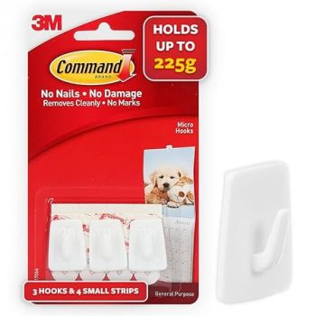 3M Command, Micro Utility Wall Hooks, Up to 225gms, Holds Strongly, Reusable, Adhesive hooks for wall, Multi-surface damage free hooks for hanging (White, 3hooks, 4 stripss), Plastic