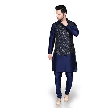 Men's Silk Blend Kurta Churidar Pyjama with Ethnic Bundi Jacket Set