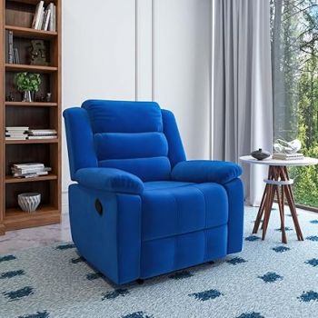 Nilkamal Sierra Velvet Fabric Manual Recliner | 1 Seater Sofa | Single Sofa Recliner | 1 Seater Chair Sofa | Brown (Blue)