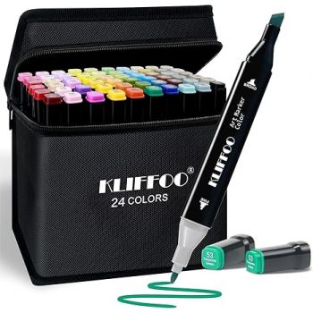 KLIFFOO Dual Tip Colorful Art Markers Sketch Pens 24 Colors With Carrying Case For Painting Sketching Calligraphy Drawing -Twin Head Permanent Colouring Marker Pens For Kids Adult, Multicolor (24)
