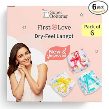 SuperBottoms DryFeel Baby Langot 0-6 months l Organic Cotton Modern Baby Nappy l Mess-free Langot with Gentle Elastics l Super DryFeel Top Layer l Diaper-free Time Essential | 6 Pack