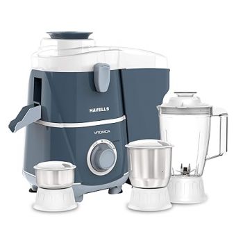 Havells Vitonica 500W Juicer Mixer Grinder with 3 Stainless Steel Jar, Large Size Pulp Container,Foldable Juicing Spout, 2 Yr Product Warranty & 5 Yr Motor warranty (White & Blue)