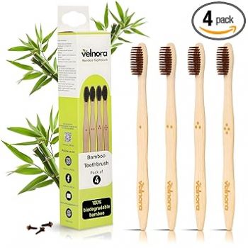 Velnora Bamboo Toothbrush (Pack of 4) - Soft & BPA Free Bristles | Biodegradable & Eco-Friendly | Natural Bamboo Wooden Toothbrush Set for Family & Adults