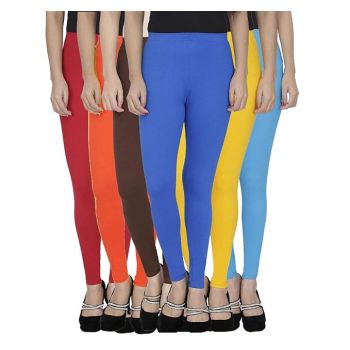 Fablab Women's Cotton Lycra Ankle Length Leggings Combo Pack of 6 (Freesize-Fit to Waist Size 26 Inch to 34 Inch)