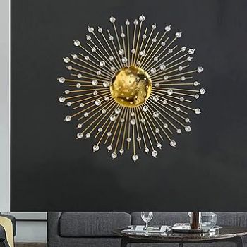 ZOVE Modern Handcrafted Luxury Metal Wall Decor Perfect For Living Room (Size : 30 In)(Electroplated Golden With White Crystal Stone)