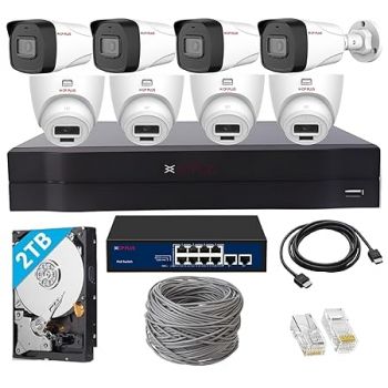 CP PLUS 8 Channel Full HD NVR with 4X Outdoor and 4X Indoor 2 MP Built-in Audio Mic Wired IP CCTV Cameras, Motion Detection, 8 Port PoE, 2TB HDD, 100 Meter CAT6 Cable, RJ45 Connector - White