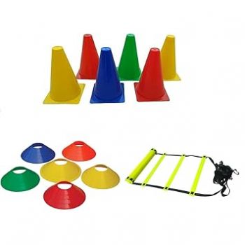 Hipkoo Sports PVC Cones, Pack 6, 10 Space Markers and Ladder Agility, 4 Meter Combos (Multicolour, 6 Inch)