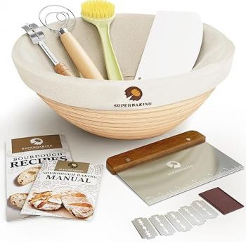 Superbaking Banneton Bread Proofing Basket, Sourdough Bread Baking Supplies, Round 9 Inch Sourdough Starter Kit, Proofing Basket for Baking, Bread Making Supplies Tools, Banneton Basket Gift Set