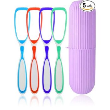 Styllent 4 Pcs Soft Double Action Tongue Cleaner Scrapper For Kids and Adults With Travel Capsule Plastic Tooth brush paste holder flexible design for health, Oral care tool Easy To use - Pack of 4