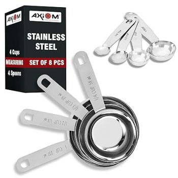 AXIOM Measuring Set of 8 pcs Stainless_Steel Professional Quality for Baking, Cooking, 4 Stackable Measuring Cups and 4 Stackable Measuring Spoons with Measurement Engraving Handle