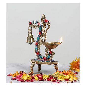 Two Moustaches Gemstone Work Ethnic Carved Peacock Design Brass Diya with Bell, Brass Antique Oil Lamp, Brass Diyas for Home, Size - 8 Inches, Standard, Pack of 1