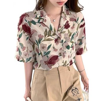 Leriya Fashion Women's Short Sleeve Button-Down Shirt | Printed Casual Crop Top | Stylish Collared Shirt for Women | Oversized Shirt for Woman