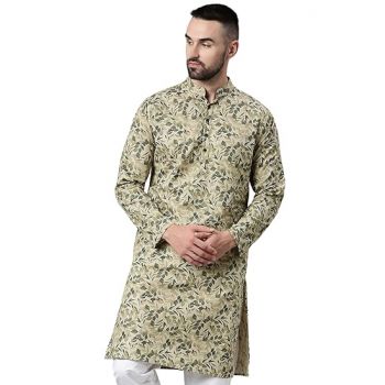Majestic Man Men Cotton Mandarin Collar Ethnic Motifs Printed Long Regular Kurta