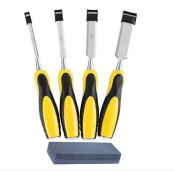ISC 4Pcs Wood Chisel Set with Sharpening Stone – Bevel Edge Chisels with Ergonomic Handle & Protective Cover – Durable and Precision Tools for Woodwork (Pack of 5)