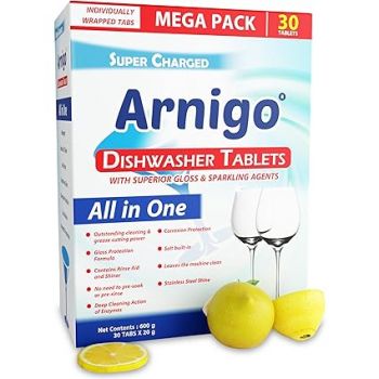Arnigo Super Charged All In One Dishwasher Tablets for Outstanding Cleaning, Contains Rinse Aid & Shiner, Corrosion Protection, for Crystal Clear and Haze-free Shine, Dishwasher Friendly- 30 Tablets