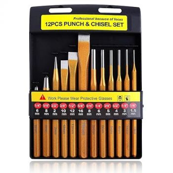 LEONTOOL 12-Piece Punch and Chisel Set, Heavy Duty Heat Treated Metal Punch Set Including Cold Chisel Taper Punch Pin Punch Center Punch for Mechanics Woodworking Stone Carving with Storage Case