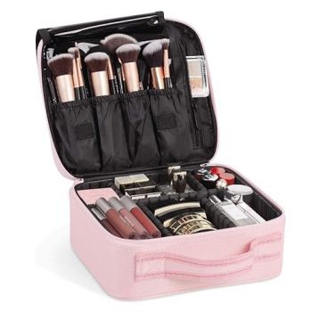 INOVERA (LABEL) Nylon Makeup Organizer Bag for Women, Girls & Bride - Travel Cosmetic Kit Storage Organiser - Toiletry Vanity Box with Adjustable Compartment, 26l x 23b x 9h cm (Rose Gold)