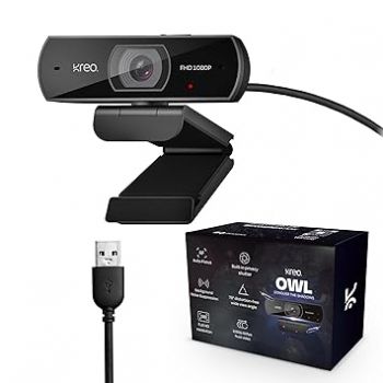Kreo Owl Full HD 1080P 60 FPS Webcam with Auto-Focus and Built-in Dual Digital Mic, Plug and Play Setup for Video Call, Streaming, YouTube Built-in Privacy Shutter with 360 Rotation (Owl Full HD