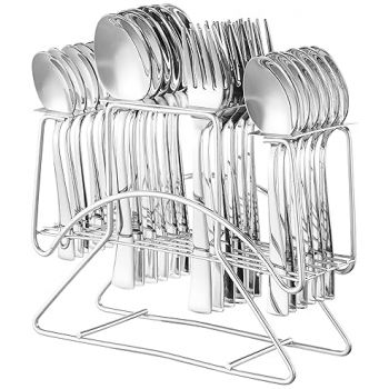 Amazon Brand - Solimo Stainless Steel 24 Piece Cutlery Set with Stand|6 Tea Spoons,6 Snack Spoons,6 Spoons&6 Forks|Mirror Finish