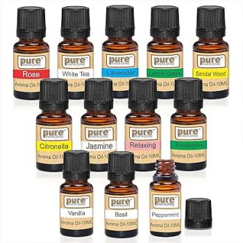 Pure Source India Aroma Essential Oil 12 In 1 Aroma Oil Pack (Lemon Grass; Lavender; Jasmine; Rose; Citronella; Eucalyptus; Peppermint; Sandal Wood; Relaxing; Vanilla; White Tea and Basil 10 ml Each)
