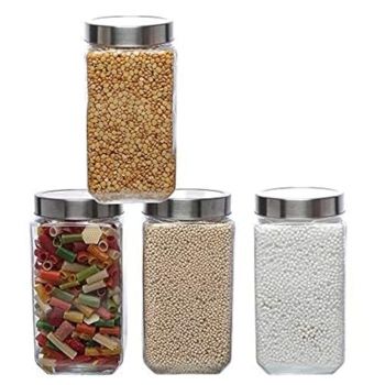 SIMPARTE Glass Jar 1600ml Transparent Barni for Kitchen, Aachar Pickle, Dal, Dry Fruits, Masala, Spices, Grocery, Grains Storage Container with Silver See-Through Cap (Set of 4)