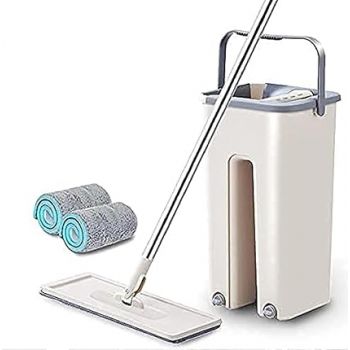 Heavy Quality Floor Mop with Bucket, Flexible Kitchen Tap Flat Squeeze Cleaning Supplies, 360° Flexible Mop Quiet, 2 Reusable Pads, White, Microfiber, Adjustment Office Home, Room (White)