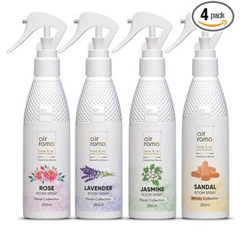 AIR-ROMA Air Freshener Spray Combo of 4 (200ml each) | Rose, Jasmine, Sandal, Lavender Fragrances | Long-lasting Odour Eliminator for Home, Hotel Rooms, Toilet & Office Use