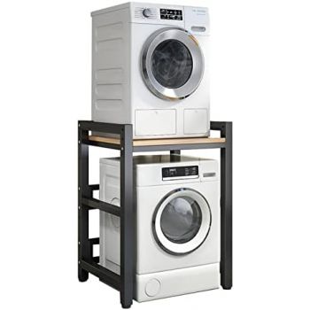 INDIAN DECOR 46458 Washing Machine Storage Rack, Height Adjustable Dryer Rack with Washing Machine and Dryer Storage Rack, Space Saving with Load Capacity - Black frame with Light brown top