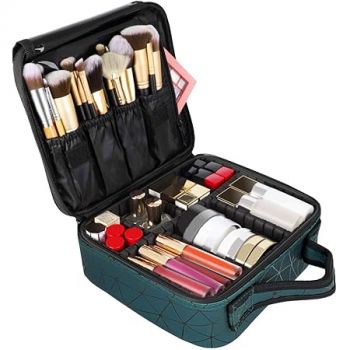 House of Quirk Makeup Box/Cosmetic Storage Case With Adjustable Compartment (Green Diamond),W-22 Cm, Free Size