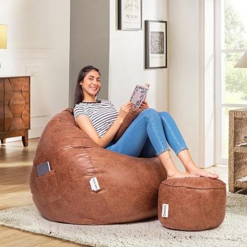 Amazon Brand - Solimo Premium Faux Suede Bean Bag Combo with Footrest & Cushion, Filled with Beans | Capacity: Upto 6 Ft Height, 100 KG Weight | 2XL | Brown Textured