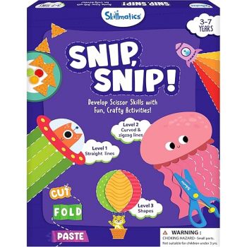 DEVELOP SCISSOR SKILLS: Skillmatics SNIP, SNIP! helps little ones master scissor skills through 25 engaging activities! Designed with 3 levels of progressive difficulty, this kit guides kids step by step—from cutting straight lines to curved and zigzag pa